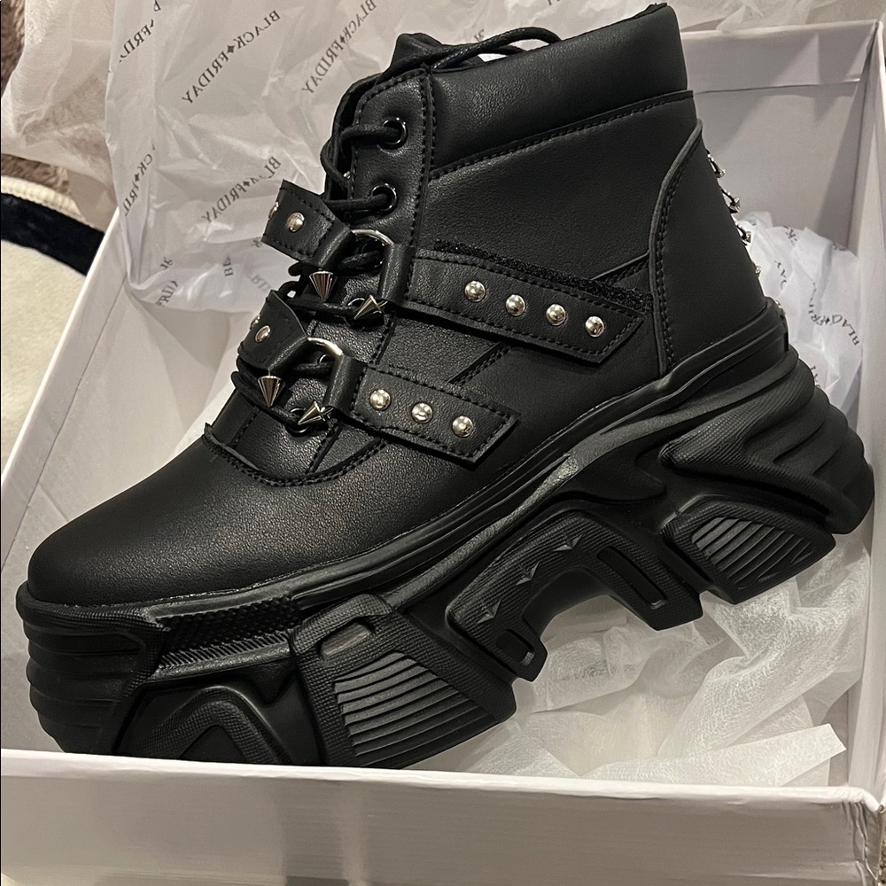 Black Platform Ankle Boots with Studs